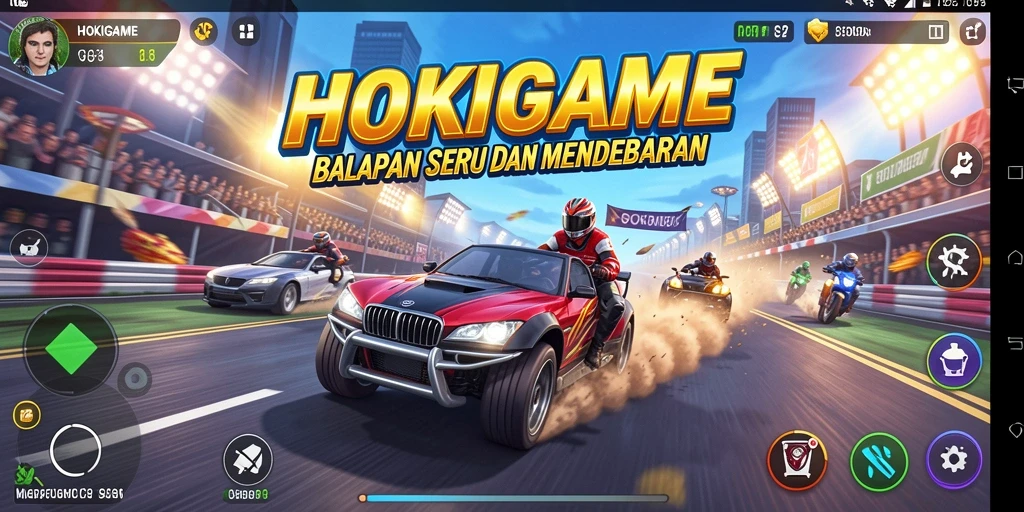 Screenshot gameplay HOKIGAME menampilkan aksi balap yang memukau.